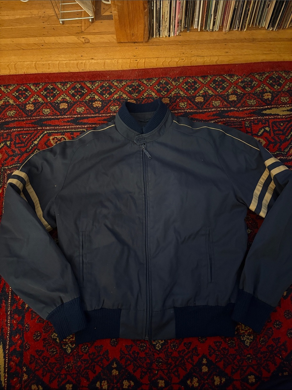 Utex Navy Bomber Jacket with Cream Sleeve Stripes